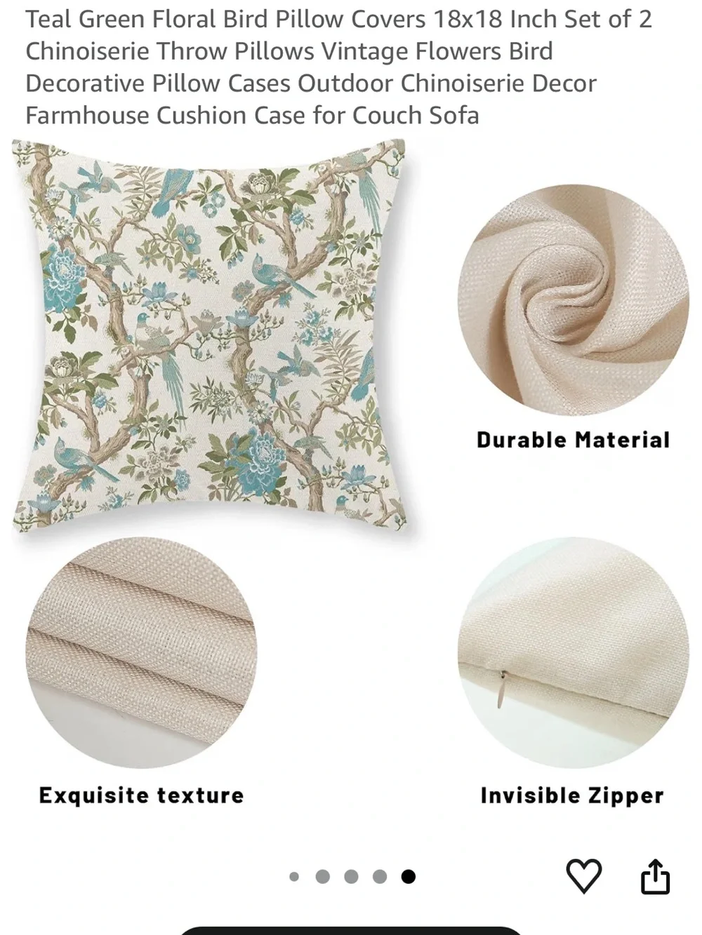 GOLIANDA Teal Green Floral Bird Throw Pillow Covers
